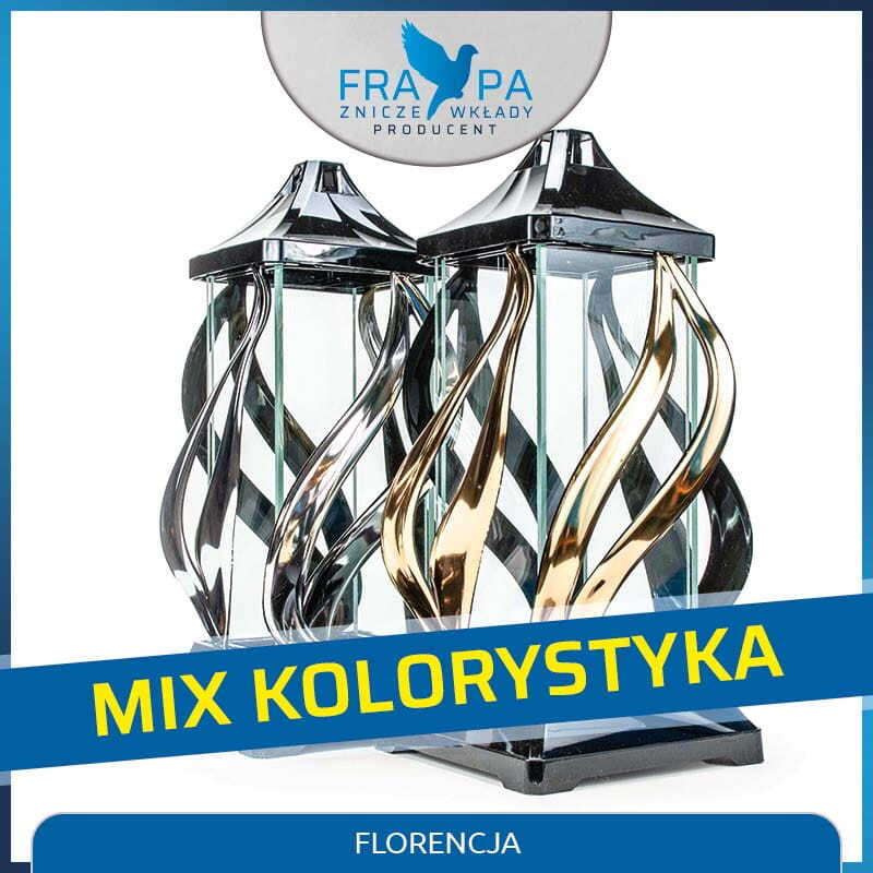 Znicz premium FLORENCJA – nowoczesny znicz dekoracyjny Frapa Znicz premium FLORENCJA z transparentnym szklanym korpusem oraz ozdobnymi falującymi elementami w kolorze srebrnym i złotym.