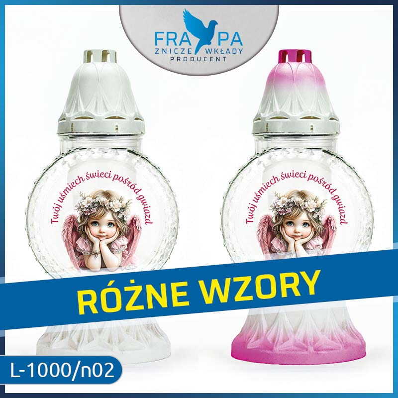 Znicz szklany dla kochanej córki L-1000 – Producent Frapa Znicz szklany dla kochanej córki L-1000 z motywem aniołka i napisem pamięci – producent zniczy Frapa, Wielkopolska, Poznań