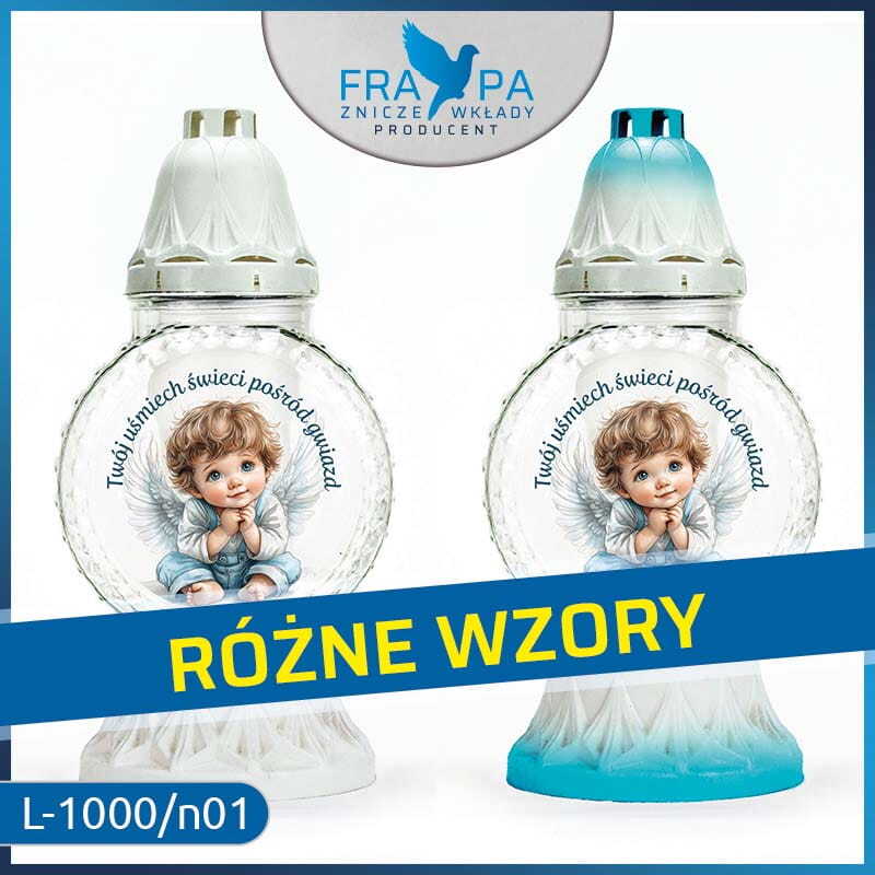 Znicz szklany dla Kochanego synka L-1000-n01 – Producent Frapa Znicz szklany dla Kochanego synka L-1000-n01 z motywem aniołka i napisem pamięci – producent zniczy Frapa, Wielkopolska, Gniezno