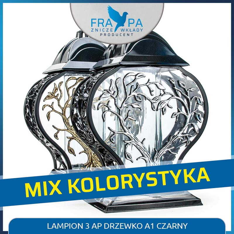 Lampion 3 AP DRZEWKO A1 CZARNY – elegancki lampion z motywem drzewa Lampion 3 AP DRZEWKO A1 CZARNY z transparentnym szklanym korpusem oraz dekoracyjną metalową aplikacją przedstawiającą drzewo w kolorze srebrnym i złotym.
