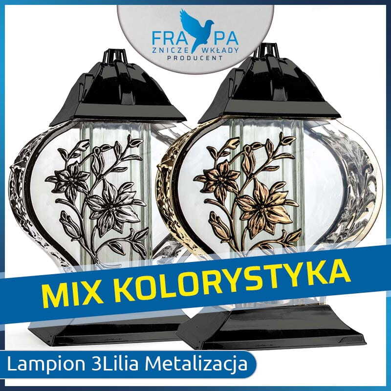 Elegancki Znicz Lampion 3 Lilia Metalizacja – Producent Frapa Elegancki Znicz Lampion 3 Lilia Metalizacja z motywem kwiatowym i elegancką formą – producent zniczy Frapa, Płock